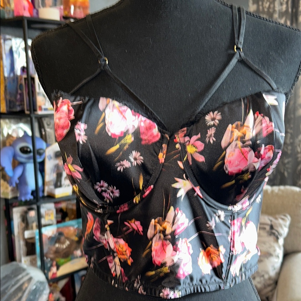 36D  Victoria’s Secret Satin Floral Black Bustier Top